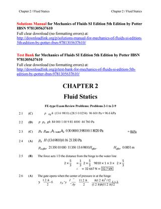 Mechanics Of Fluids Si Edition 5th Edition Potter Solution
